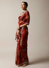 Cherry Red Saree In Organza With Floral Print And Gotta Patti Embroidered Border Along With Unstitched Blouse