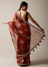 Cherry Red Saree In Organza With Floral Print And Gotta Patti Embroidered Border Along With Unstitched Blouse