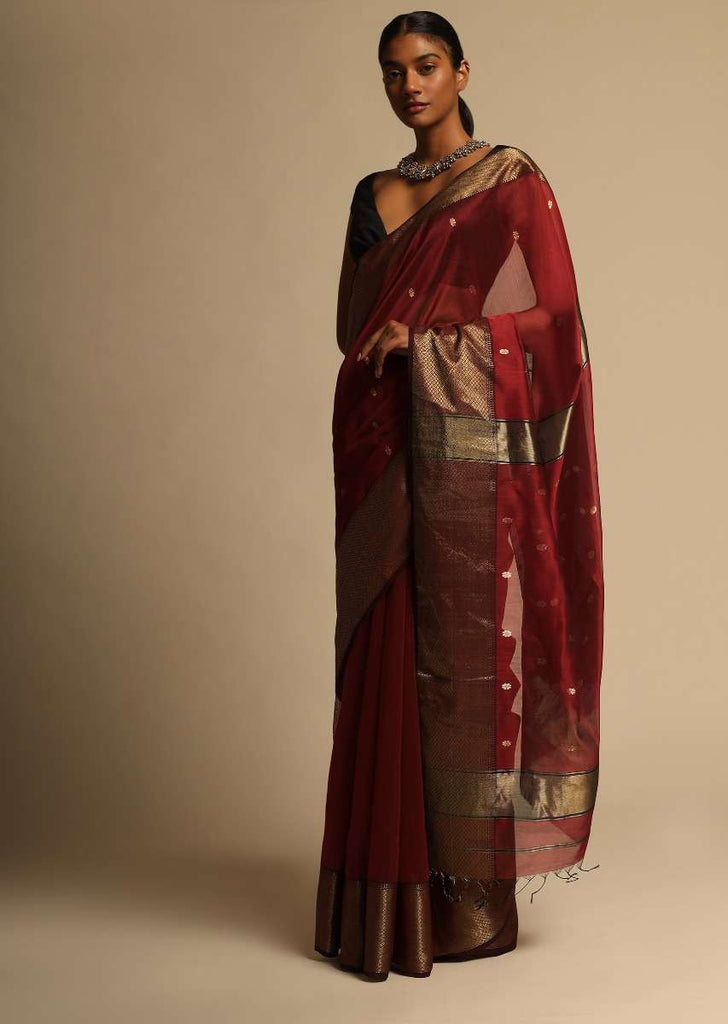 Cherry Red Saree Cotton Silk With Woven Buttis And Black Border Along With Unstitched Blouse