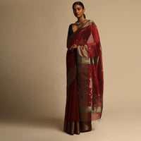 Cherry Red Saree Cotton Silk With Woven Buttis And Black Border Along With Unstitched Blouse