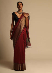 Cherry Red Saree Cotton Silk With Woven Buttis And Black Border Along With Unstitched Blouse