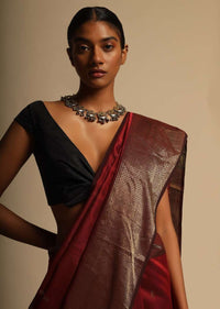 Cherry Red Saree Cotton Silk With Woven Buttis And Black Border Along With Unstitched Blouse
