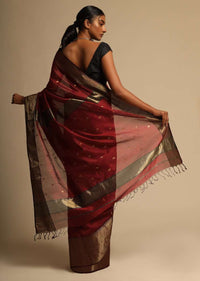 Cherry Red Saree Cotton Silk With Woven Buttis And Black Border Along With Unstitched Blouse