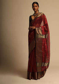 Cherry Red Saree Cotton Silk With Woven Buttis And Black Border Along With Unstitched Blouse