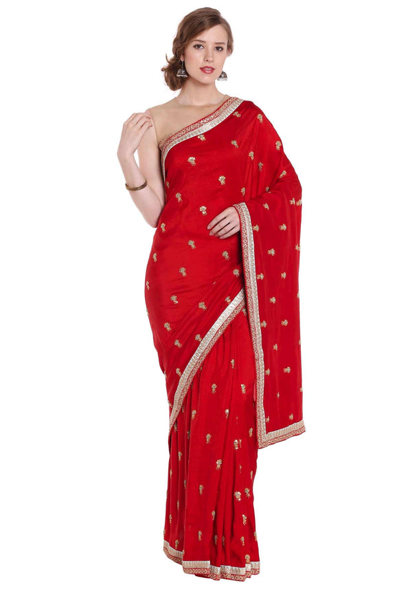 Cherry red silk saree adorn in zari butti and border only on Kalki