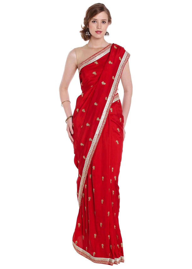 Cherry red silk saree adorn in zari butti and border only on Kalki