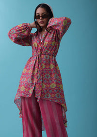 Cherry Pink Floral Printed Co-ord Set In Tussar - RE By Kalki
