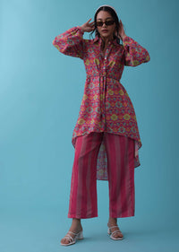 Cherry Pink Floral Printed Co-ord Set In Tussar - RE By Kalki