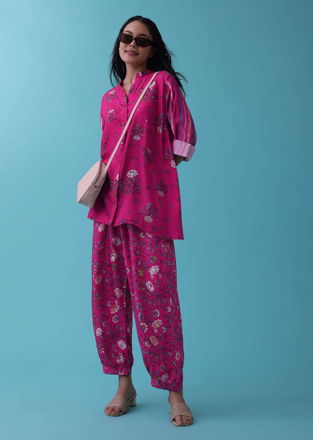 Cherry Pink Floral Printed Co-ord Palazzo Top Set In Mul Cotton With Sequins Embroidery - RE By Kalki