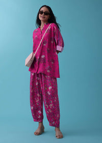 Cherry Pink Floral Printed Co-ord Palazzo Top Set In Mul Cotton With Sequins Embroidery - RE By Kalki