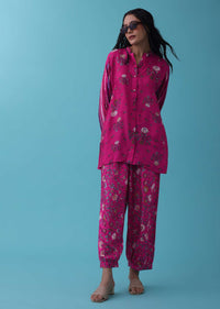 Cherry Pink Floral Printed Co-ord Palazzo Top Set In Mul Cotton With Sequins Embroidery - RE By Kalki