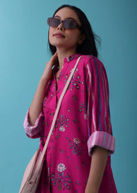 Cherry Pink Floral Printed Co-ord Palazzo Top Set In Mul Cotton With Sequins Embroidery - RE By Kalki