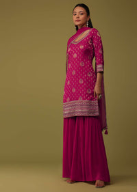 Cherry Pink Organza Kurti And Sharara Set In Brocade Weave