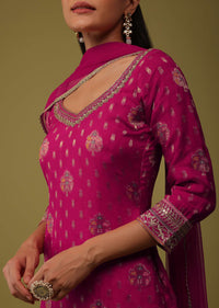 Cherry Pink Organza Kurti And Sharara Set In Brocade Weave