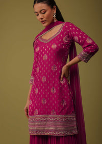Cherry Pink Organza Kurti And Sharara Set In Brocade Weave