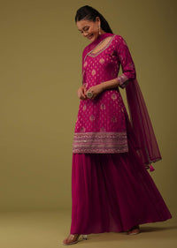 Cherry Pink Organza Kurti And Sharara Set In Brocade Weave