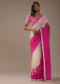 Cherry Pink Organza Saree With Beads And Cut Dana Embroiderey