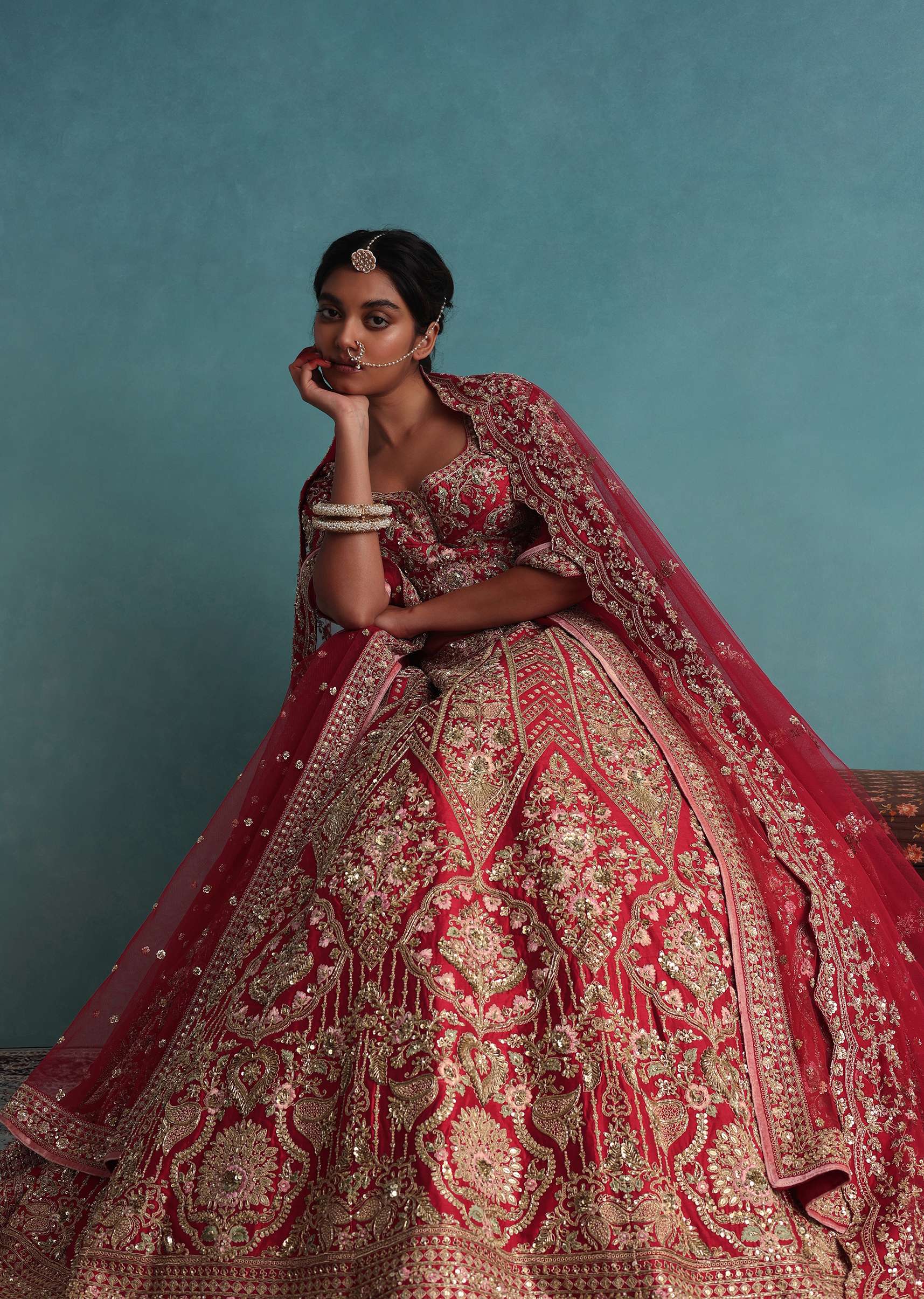 Cherry Red 14 Kali Embroidered Bridal Lehenga In Raw Silk With Two Dupattas