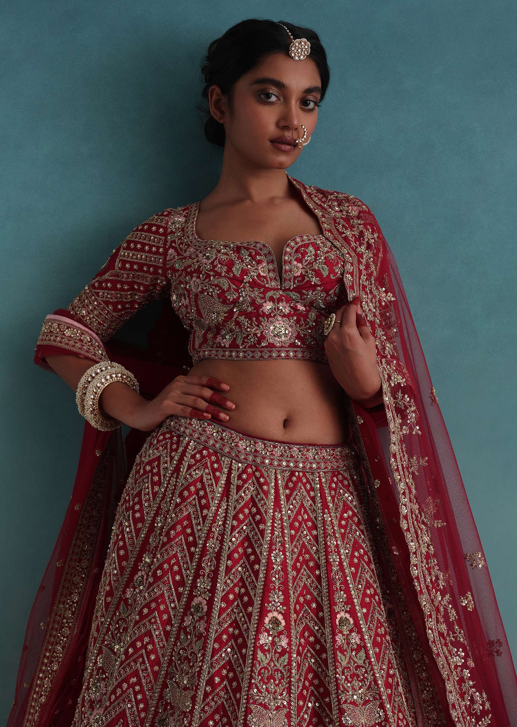 Cherry Red 14 Kali Embroidered Bridal Lehenga In Raw Silk With Two Dupattas