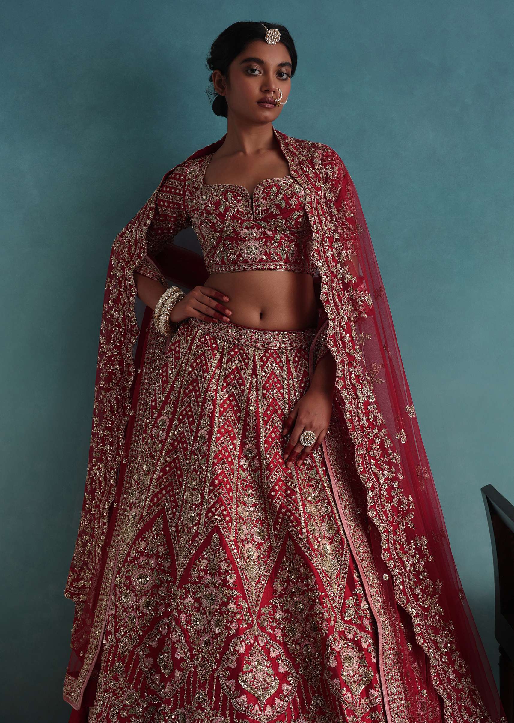 Cherry Red 14 Kali Embroidered Bridal Lehenga In Raw Silk With Two Dupattas