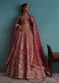 Cherry Red 14 Kali Embroidered Bridal Lehenga In Raw Silk With Two Dupattas