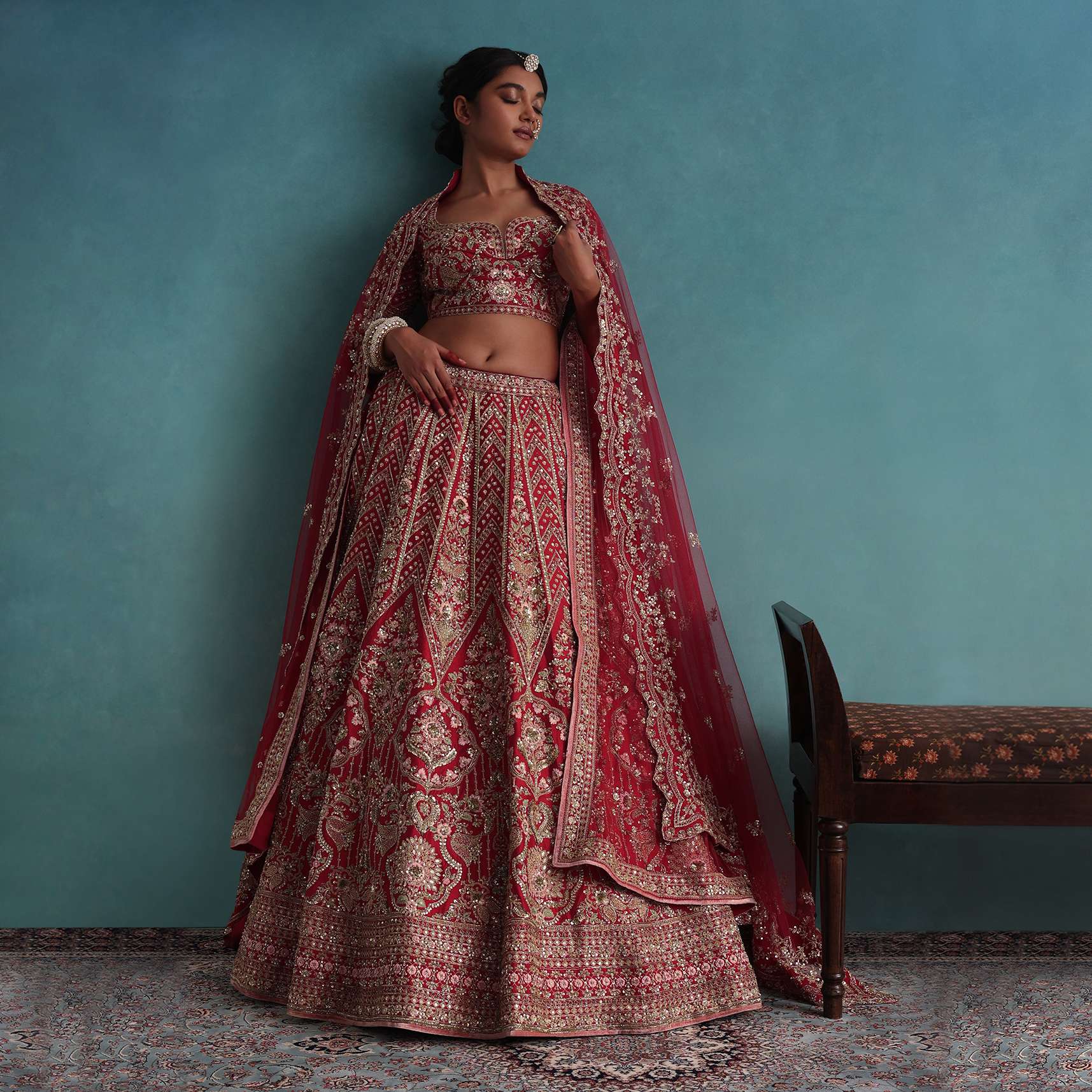 Cherry Red 14 Kali Embroidered Bridal Lehenga In Raw Silk With Two Dupattas