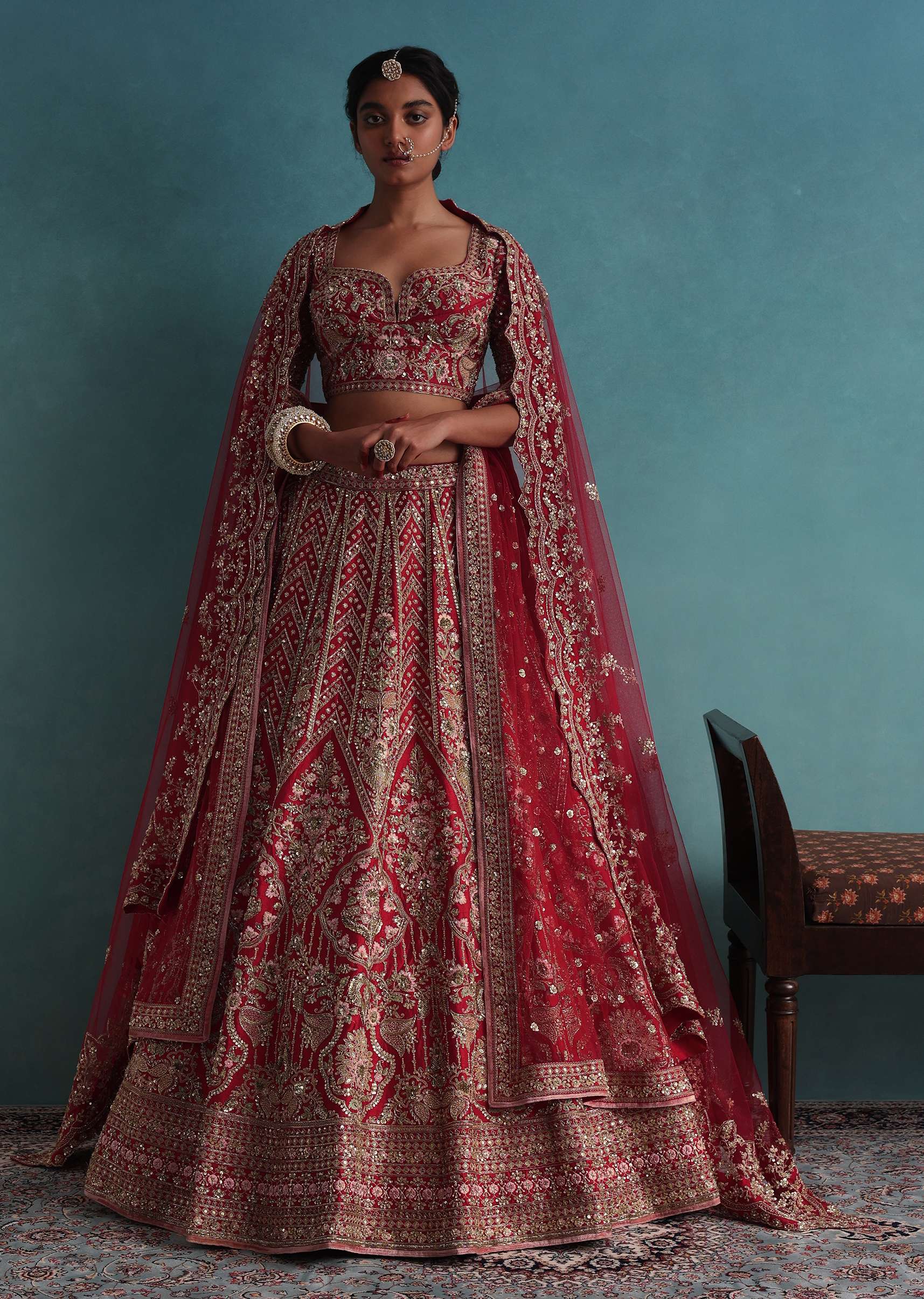 Cherry Red 14 Kali Embroidered Bridal Lehenga In Raw Silk With Two Dupattas