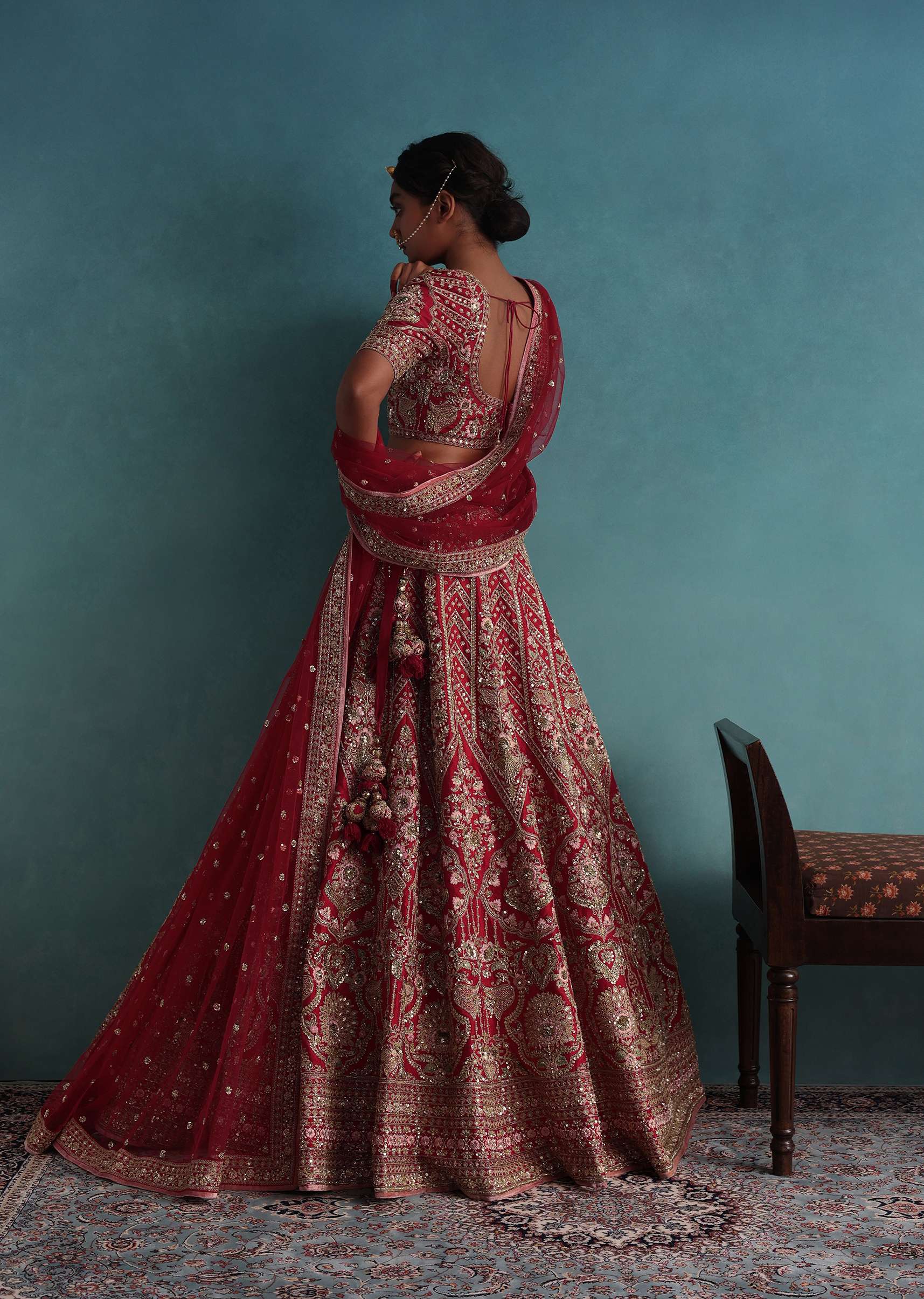 Cherry Red 14 Kali Embroidered Bridal Lehenga In Raw Silk With Two Dupattas