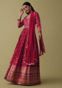 Cherry Red Anarkali Suit Set In Silk With Bandhani Print And Brocade Weave