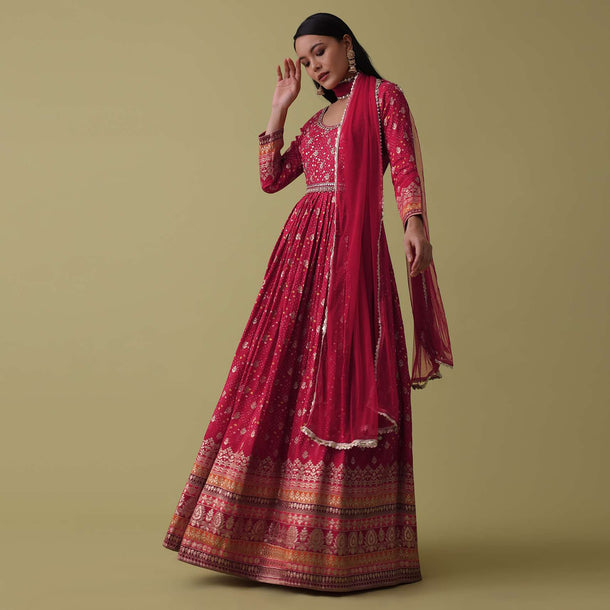 Cherry Red Anarkali Suit Set In Silk With Bandhani Print And Brocade Weave