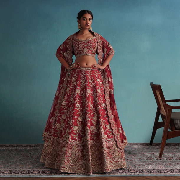 Cherry Red Embroidered 12 Kali Bridal Lehenga In Raw Silk With Floral Hand Embroidery