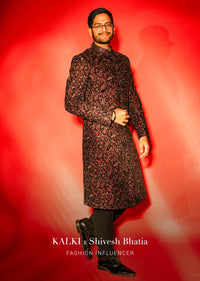 Cherry Red Embroidered Sherwani Set In Velvet