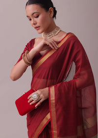 Cherry Red Handloom Chanderi Silk And Cotton Saree With Zari Work
