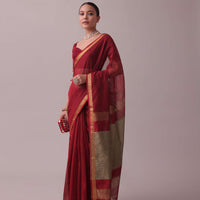 Cherry Red Handloom Chanderi Silk And Cotton Saree With Zari Work