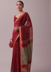 Cherry Red Handloom Chanderi Silk And Cotton Saree With Zari Work