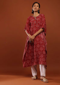 Cherry Red Kaftan Set With Bandhani Print And Beads Embroidered Yoke