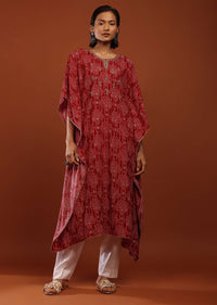 Cherry Red Kaftan Set With Bandhani Print And Beads Embroidered Yoke