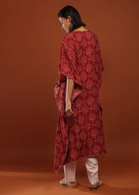 Cherry Red Kaftan Set With Bandhani Print And Beads Embroidered Yoke