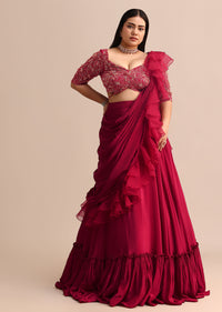 Cherry Red Lehenga With Ruffle Drape