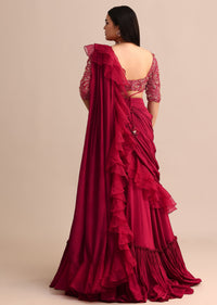 Cherry Red Lehenga With Ruffle Drape