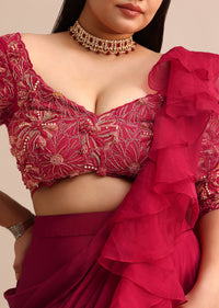 Cherry Red Lehenga With Ruffle Drape