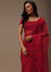 Cherry Red Organza Saree With Cut Dana And Sequins Work