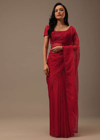 Cherry Red Organza Saree With Cut Dana And Sequins Work