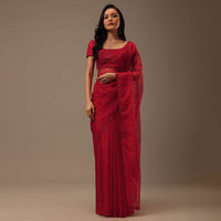 Cherry Red Organza Saree With Cut Dana And Sequins Work