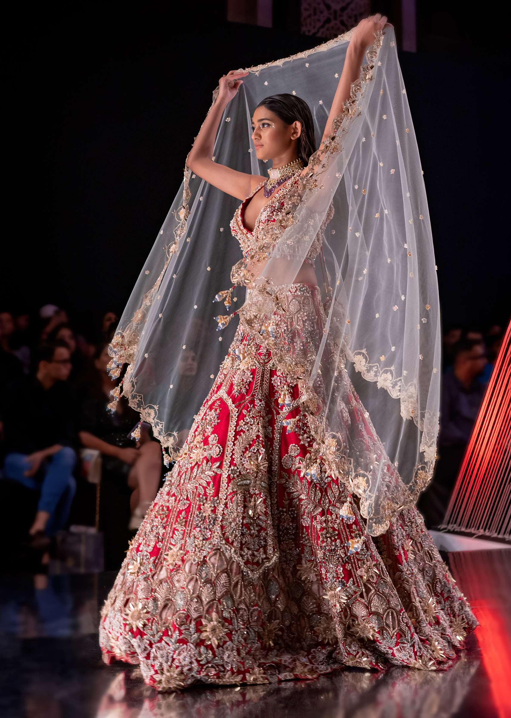 Cherry Red Royal Heritage Lehenga And A Choli Set In 3D Petal Motifs Embroidery, Organza Multi Color Dupatta In Zari Work Embroidery Buttis