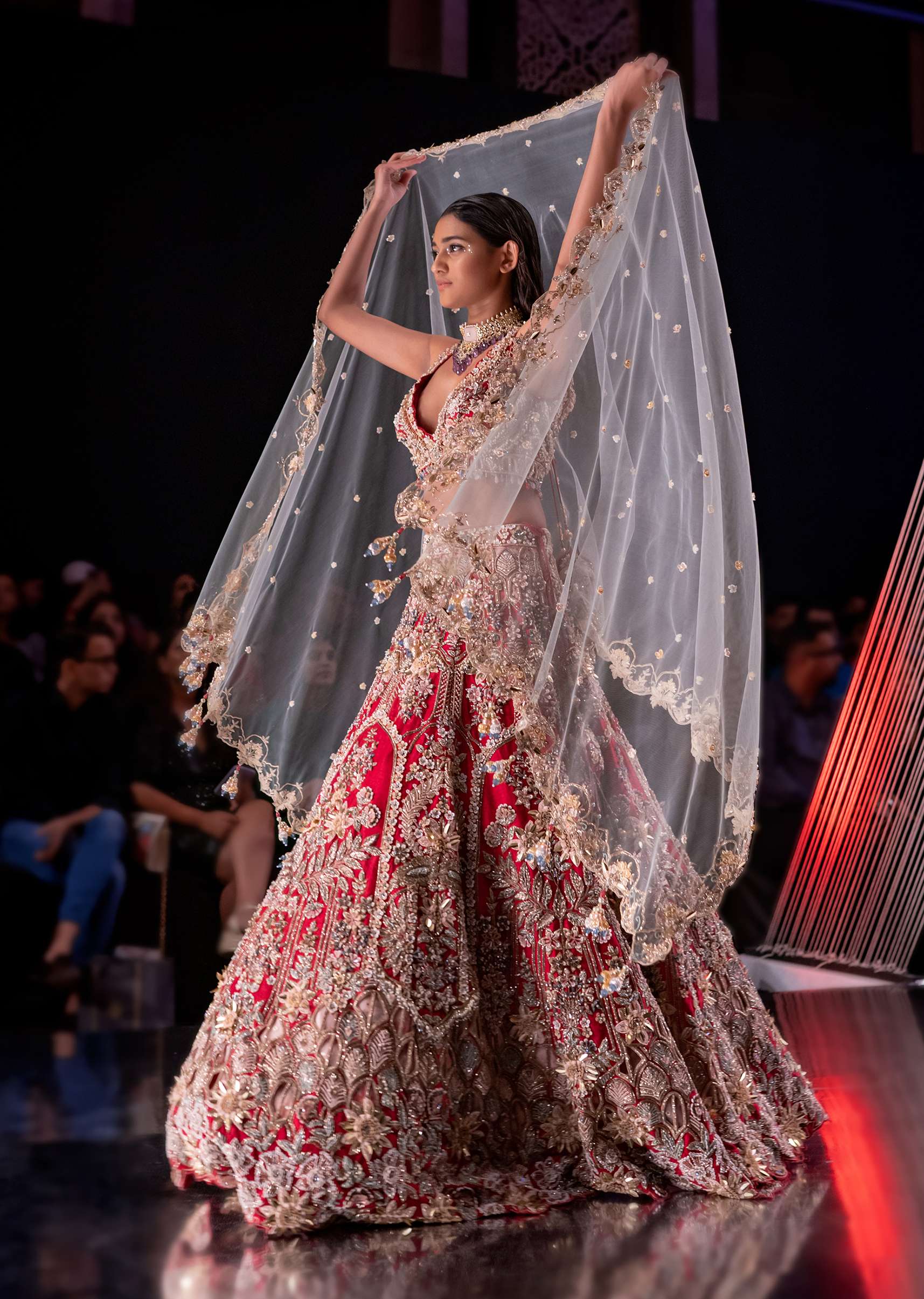 Cherry Red Royal Heritage Lehenga And A Choli Set In 3D Petal Motifs Embroidery, Organza Multi Color Dupatta In Zari Work Embroidery Buttis