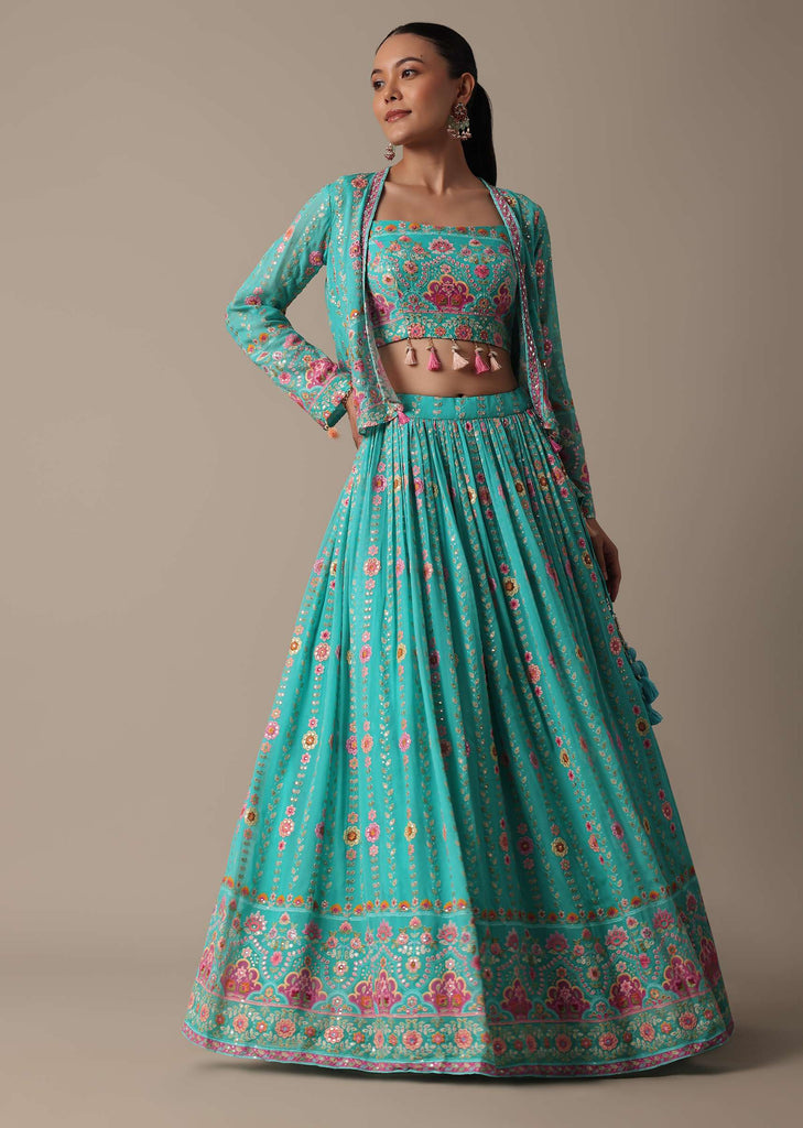 Chic Blue Lehenga Set With Mirror Embroidered Jacket