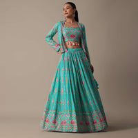 Chic Blue Lehenga Set With Mirror Embroidered Jacket