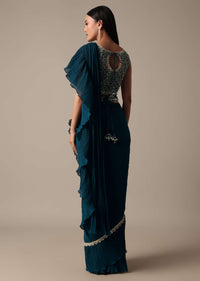 Chic Blue Ready Pleated Saree With Ready Made Blouse