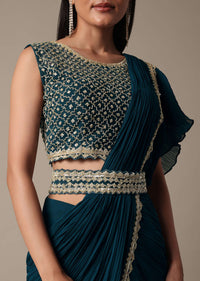 Chic Blue Ready Pleated Saree With Ready Made Blouse